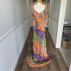 Vintage Cache Prom Dress Maxi Gown Silk Evening Formal Paisley Retro Sz M/L Y2K